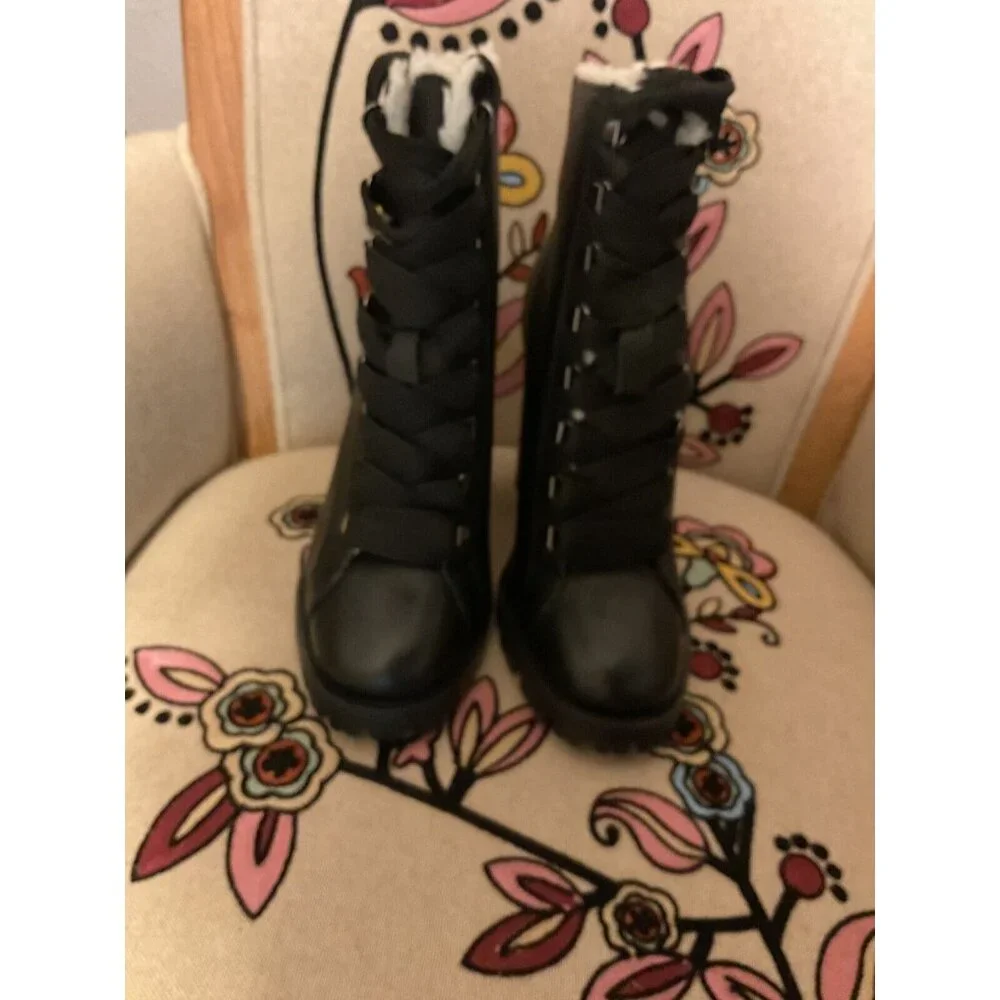 Schultz Zhara Black Lace Sherpa Stacked Lug Leather Boots 7 NEW $250 Moto Boho